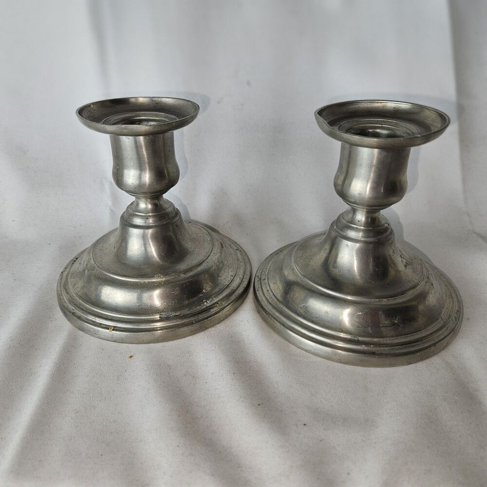 Vintage English Pewter Candlestick Holders - Pair of 3" Low Profile Short Taper